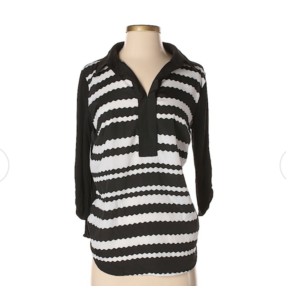 Kensie Black White Chevron 3/4 Sleeves Blouse
